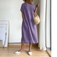 thumbnail image 4 of QUINDOS Womens Dresses Casual Crew Neck Short Sleeve Sundress Sun Dresses Summer Pockets Solid Color Mid Length Midi Womens Dresses, 4 of 9