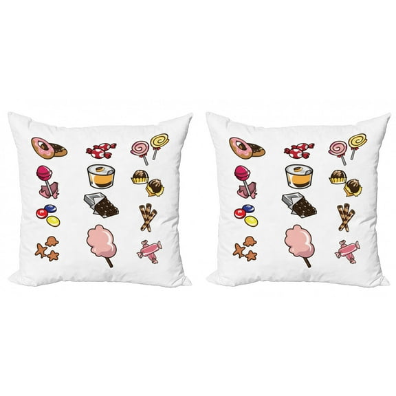 Chocolate Throw Pillow Cushion Cover Pack of 2, Cartoon Style of Various Candies Sugary Treats Delicious Yummy Snacks, Zippered Double-Side Digital Print, 4 Sizes, Multicolor, by Ambesonne