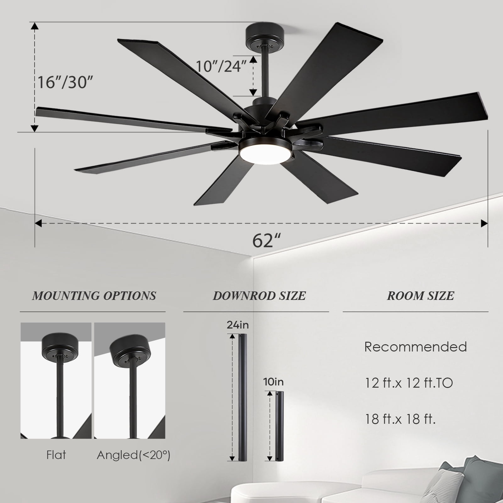 62 inch Black Ceiling Fan with Light, Remote Control, 8 Reversible Blades, High CFM Quiet DC Motor, 5-Cct Dimmable, for Indoor/Outdoor Bedroom