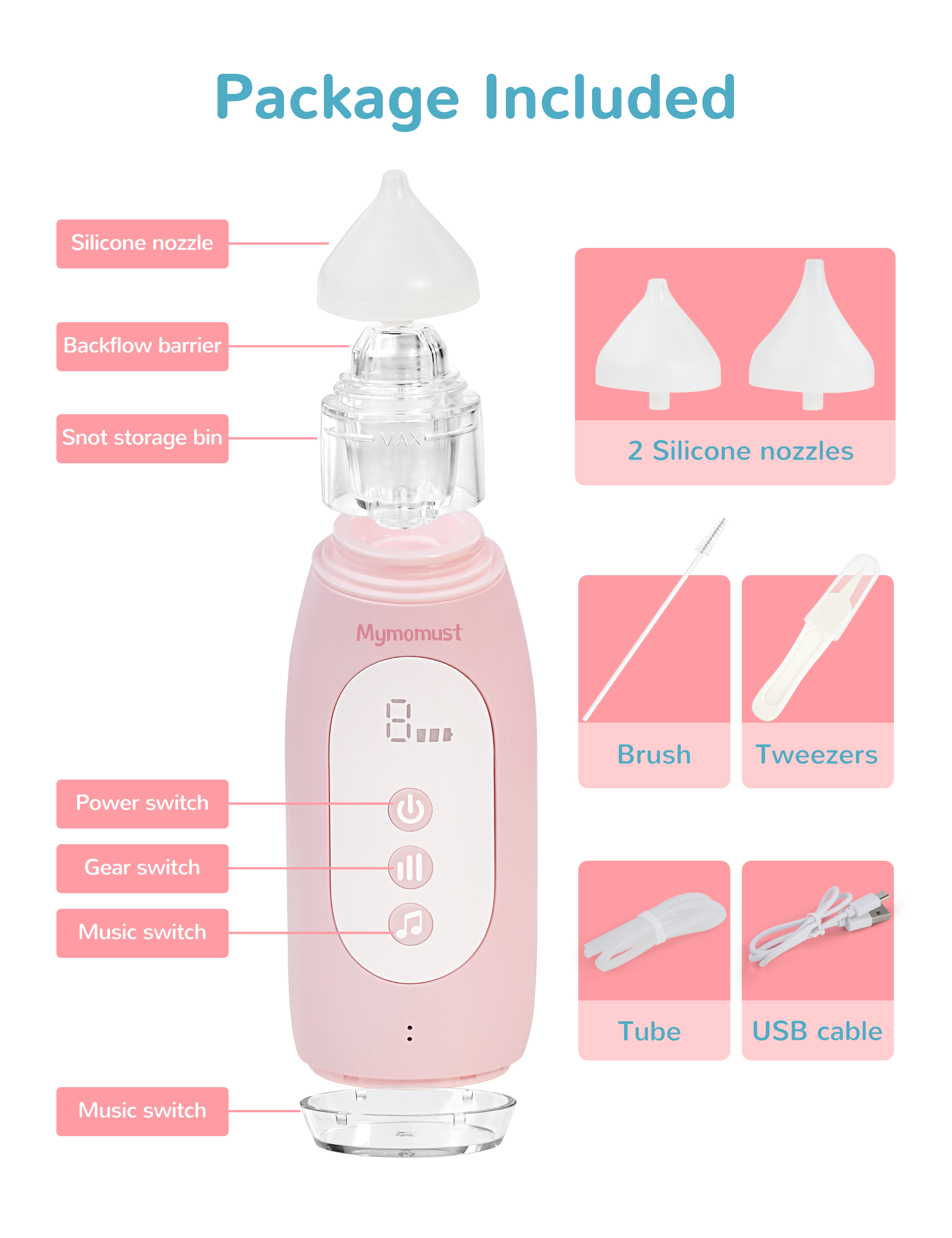 Mymomust Nasal Aspirator for Baby Electric Nose Sucker Self-Cleaning Nose Cleaner with 3 Suction Levels & Music & Colorful Lights Soothing Function Rechargeable Portable Baby Nasal Aspirator, Pink