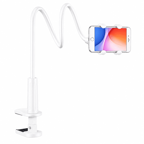 ECHOKRAFTS Gooseneck Phone Holder for Bed and Desk, Heavy Duty Clamp, Adjustable Flexible Long Arm Cell Phone Stand, Overhead Phone Mount for Headboard, Fits 4-7" Smartphones (White)