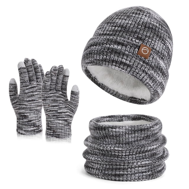 Gray Gray Womens Winter Knit Hat Scarf Gloves Set Three Piece Acrylic Material Cold Weather Protection For Outdoor Sports