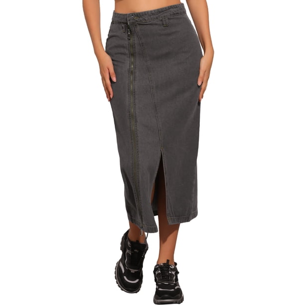Falda de mezclilla larga con cremallera frontal y abertura para mujer INSPIRE CHIC, con bolsillos, color negro