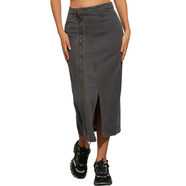 Falda de mezclilla larga con cremallera frontal y abertura para mujer INSPIRE CHIC, con bolsillos, color negro