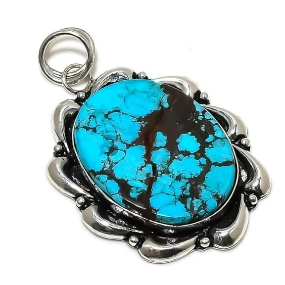 Natural Tibetan Turquoise Gemstone 925 Sterling Silver Pendant 2.29"