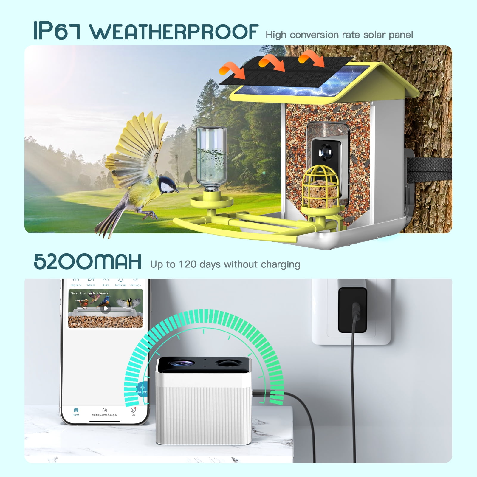 Smart Bird Feeder with Camera, Free AI Forever for 11,000+ Bird Species, 64G TF Card & 1080P HD, Solar-Powered Wireless Outdoor Bird Feeder, App Alerts & Two-Way Audio for Garden Bird Watching