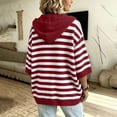 thumbnail image 5 of Women's Striped Hoodie Sweater Elbow Sleeve Henley Oversized Knit Pullover Tops Loose Slouchy Half Button Poncho for Fall Outfits, Wine, L, 5 of 8