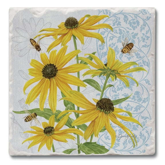 CounterArt Black Eyed Susans Single Absorbent Stone Tumbled Tile Coaster Made in the USA