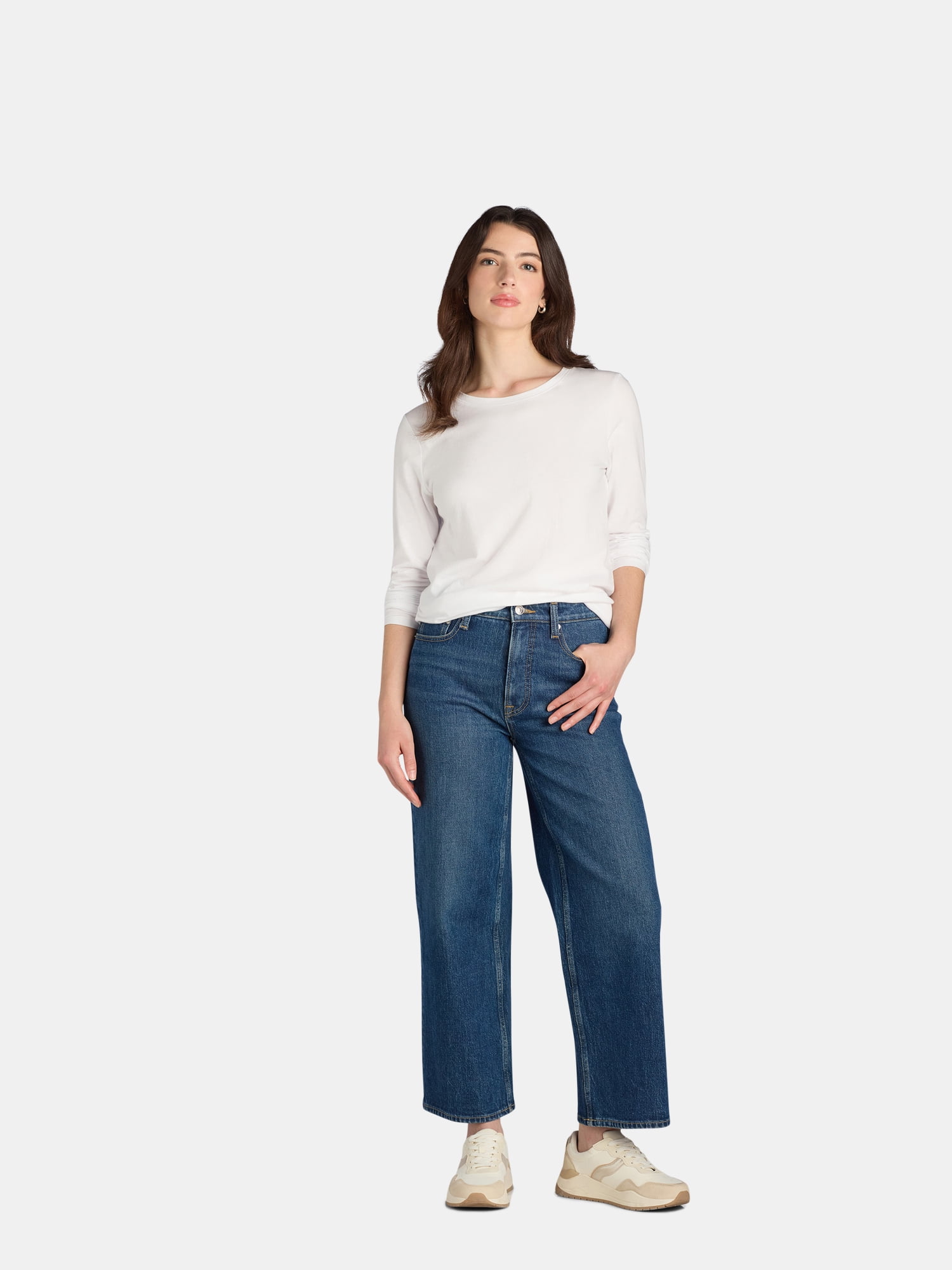 Time and Tru Women's Cotton Crewneck Tee with Long Sleeves, Single and 3 Pack, Sizes XS-XXXL
