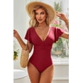 thumbnail image 4 of BEAUTYIN One Piece Swimsuits for Women Trumpet Sleeve V Neck Ruched Monokini Bathing Suits, 4 of 5