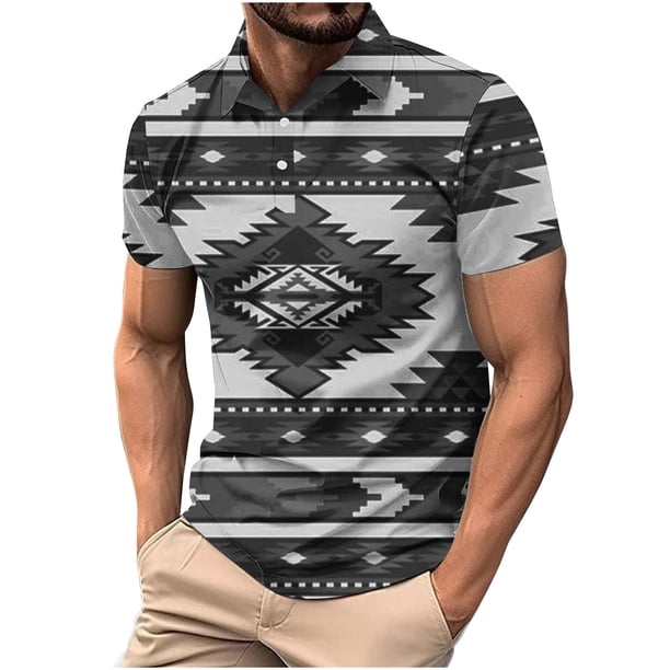 Camisas de Manga Larga para Hombres Impresos Girar Hacia Abajo Botones de Cuello Lateral Dividido, Casual Blusa de Manga Corta