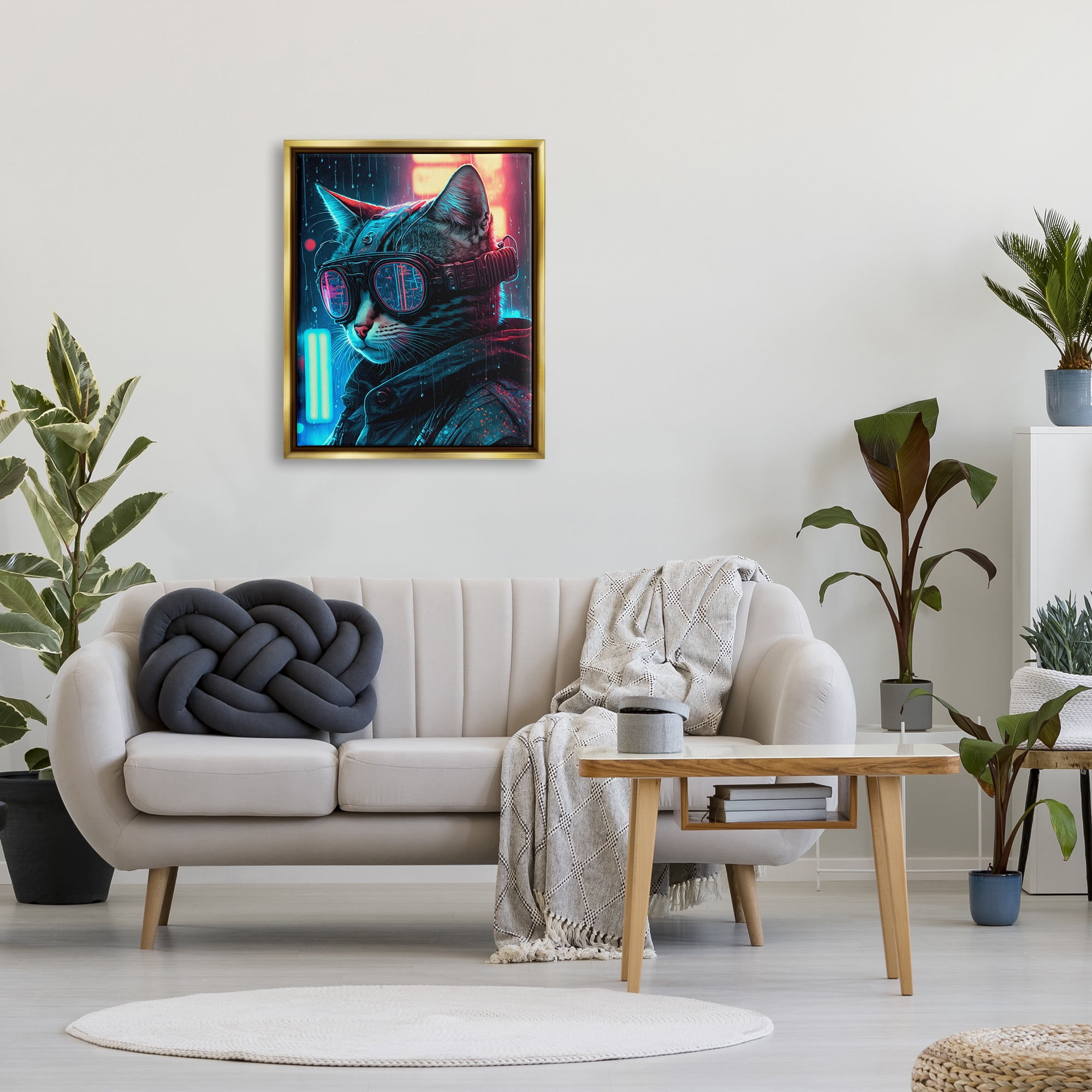 Stupell Industries Cybercat Futuristic Animal Goggles Animals & Insects Painting Gold Floater Framed Art Print Wall Art