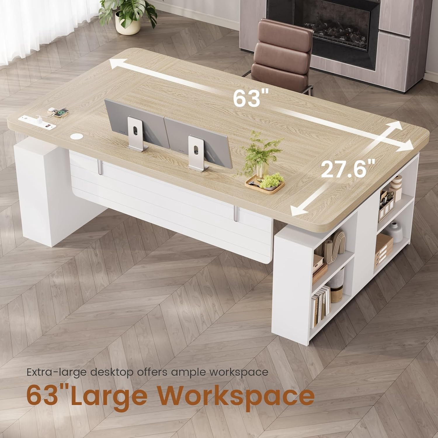 SEDETA 63" Standing Office Desk with Storage, Height Adjustable Executive Desk witj Power Outlets & Open Shelves, Large Computer Desk with Privacy Panel for Home Office, White