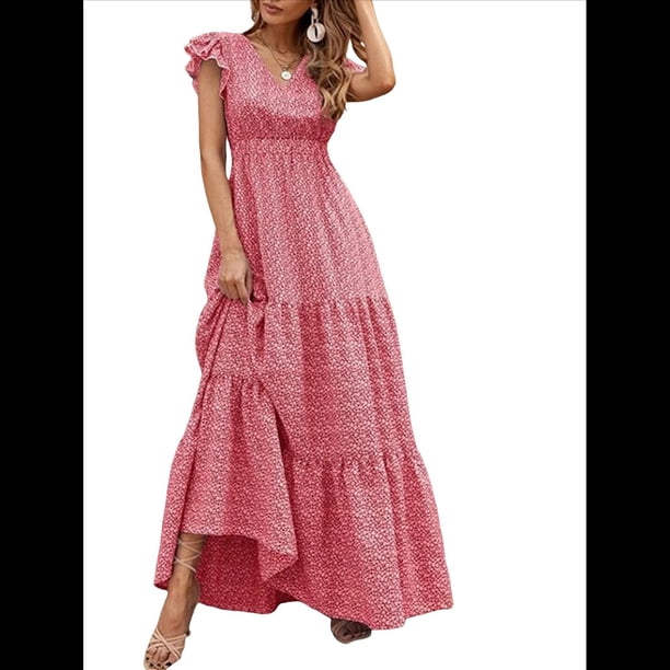 Vestido de Verano 2025 para Mujer, Cuello en V, Corta, Cintura Alta, Estampado Floral, Volantes Escalonados, Corte A, Maxi Rojo XXL