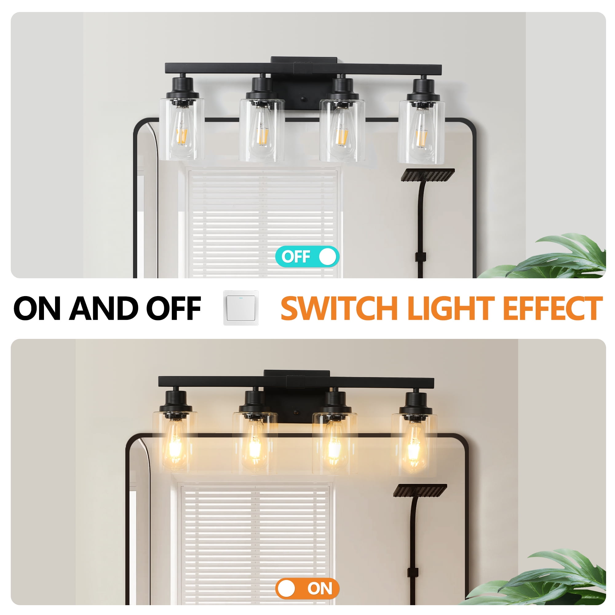 Miniyam 24 in. W 4 Light Bathroom Vanity Light Fixture Black Wall Sconce with Clear Glass Shades for Hallway Bedroom, E26, No Bulbs Included