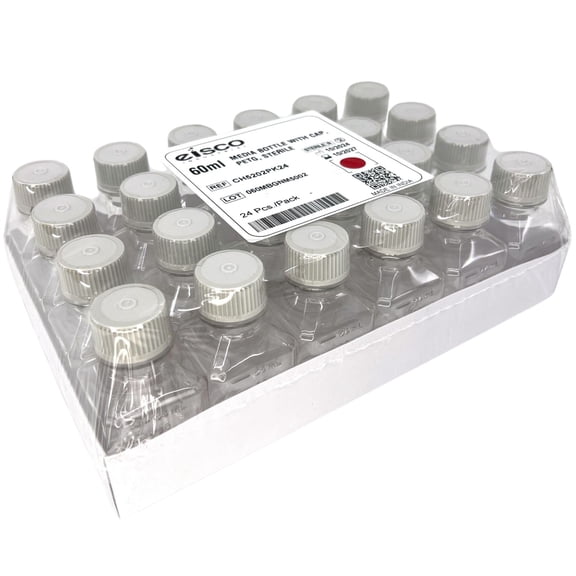 Eisco - Pack of 24, 60mL Sterile PETG Media Bottles with HDPE Caps, Square, Leak-Proof, Tamper-Evident, Non-Pyrogenic, Gamma Sterilized, Ideal for Lab Reagents, Buffers & Biopharmaceutical Use