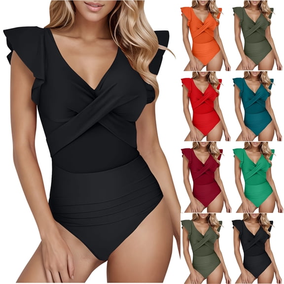 Dgankt Women's One Piece Swimsuit Tummy Control Bathing Suit Ruffled Sleeve Crisscross Swimwear V Neck Swimsuit,Sizes S-XL