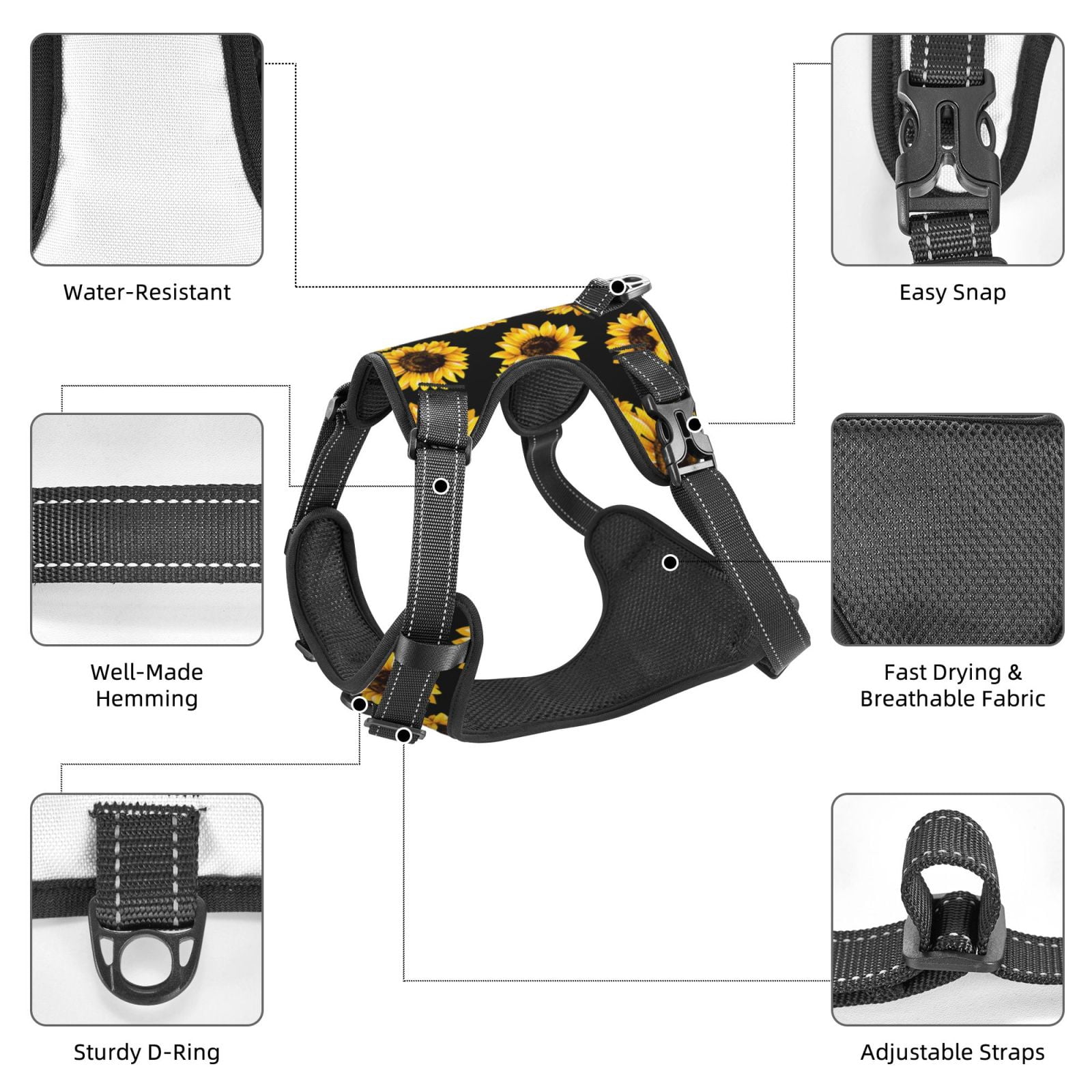 Fuzoiu Sunflower 6 Print Reflective Dog Harness,Adjustable, Breathable Pet Vest,Dog Harness No Pull,No Choke Pet Vest for Small, Medium, and Large Dogs-Large