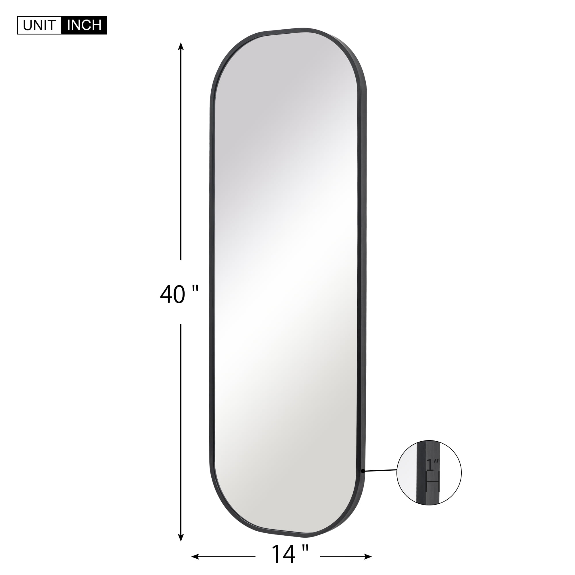 40"x14" Aluminum Alloy Frame Mirror Round Corner Full Length Floor Mirror Black