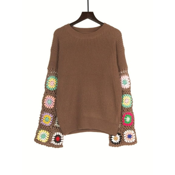 Uootdi Women's Crochet Patchwork Sweater Crew Neck Long Sleeve Knitted Pullover Colorful Floral Sleeve Design Boho Chic Top for Fall Winter Coffee Women Top
