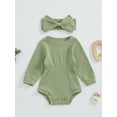 thumbnail image 3 of Musuos Baby Girl Fall Outfit, 3 6 9 12 18 Months Solid Color Round Neck Long Sleeve Ribbed Romper Bow Headband 2 Piece Set, 3 of 9