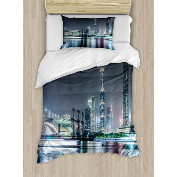 City Duvet Cover Set Twin Size, Nightfall Scenery of Guangzhou Downtown China Landscape Modern Architecture Exploring, Decorative 2 Piece Bedding Set with 1 Pillow Sham, Multicolor, by Ambesonne