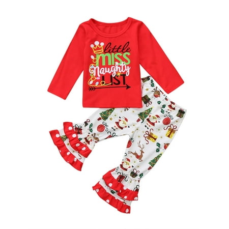 

ZOELNIC Toddler Kids Baby Girl Christmas Outfit Long Sleeve Print Tops+Flare Pants Set (White 12-24 Months)