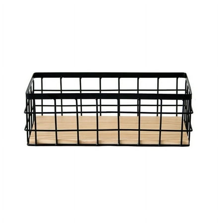 QIAOIDEA 11.25 Metal Wire Bathroom Storage Organizer Basket Bin Rustic Vintage Wire Grid Wooden Base Organizing Basket for Kitchen Cabinets Pantry Closets