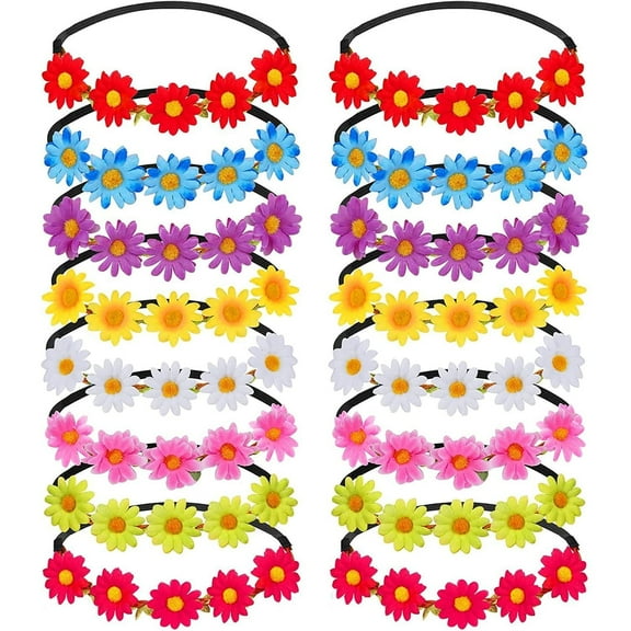 16 Pack 10 Inch Multicolor Daisy Flower Headband Flower Crown Adjustable Knitted Floral Garland Fashion Accessories