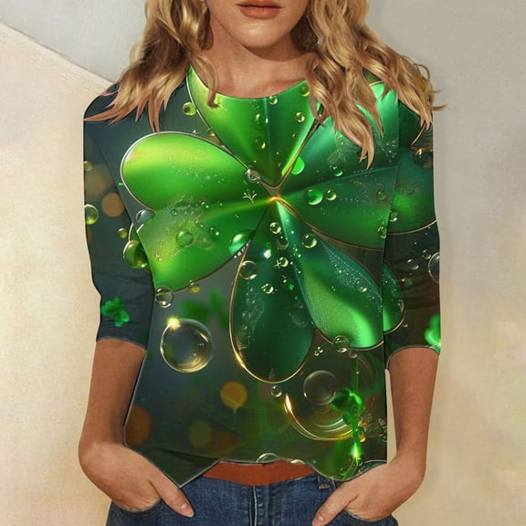 St Patricks Day Tops for Women, 3/4 Sleeve T Shirt, Crew Neck Tees Blouse Ladies' Loose Casual St. Patrick's Day Printed Shirts Round Neck Three Quarter Sleeves 3/4 Sleeved T-Shirt Top