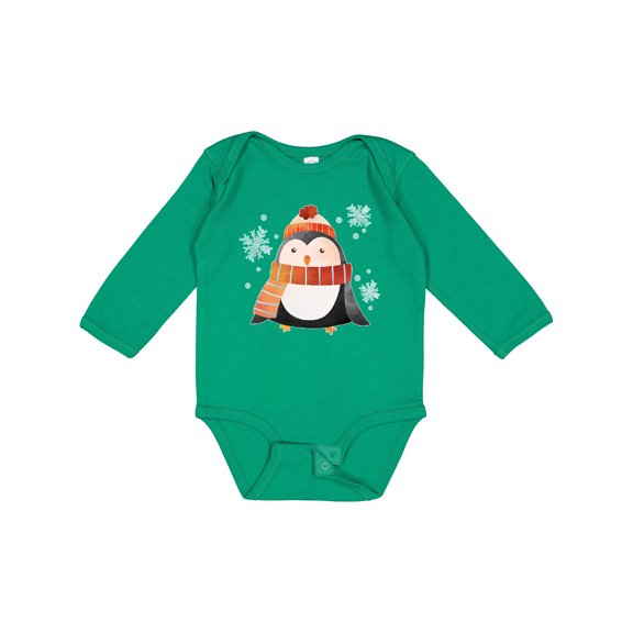 Inktastic Cute Winter Penguin in Hat and Scarf with Snowflakes Boys or Girls Long Sleeve Baby Bodysuit