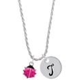 thumbnail image 1 of Delight Jewelry Silvertone Mini Hot Pink Ladybug Silvertone Script Initial Disc - T - Charm Necklace, 20"+3", 1 of 4