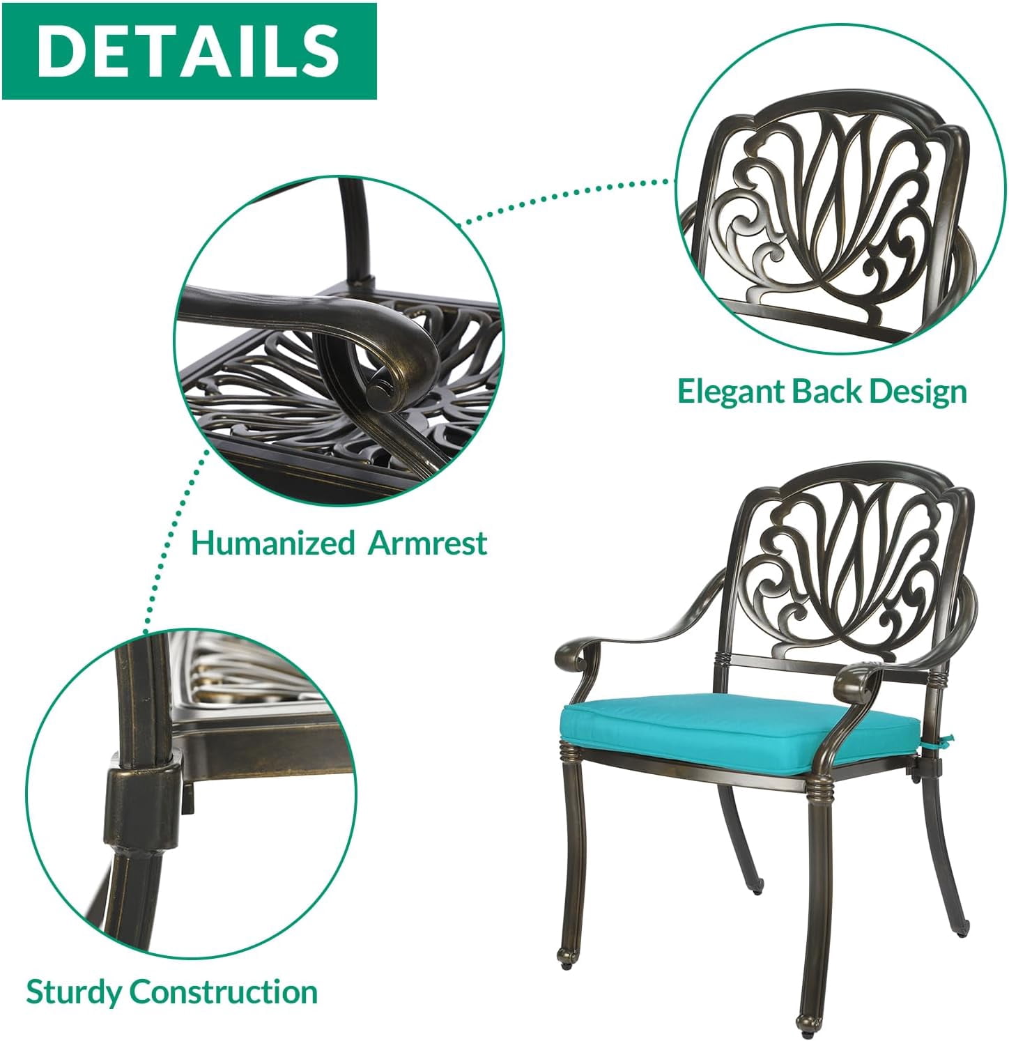 VIVIJASON 9-Piece Patio Furniture Dining Set, Cast Aluminum Rust-Free Outdoor Conversation Set, Include 61" Round Dining Table with 31" Lazy Susan & 8 Cushioned Chairs, Umbrella Hole, Ocean Blue