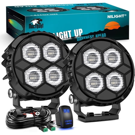Nilight LED Pod Light 2 PCS 3.1 Inch 20W 4 LED Round Hyper Flood Beam Offroad Driving Lights w/18AWG Rocker Switch Wiring Harness Kit for Truck Motorbike Boat ATV UTV