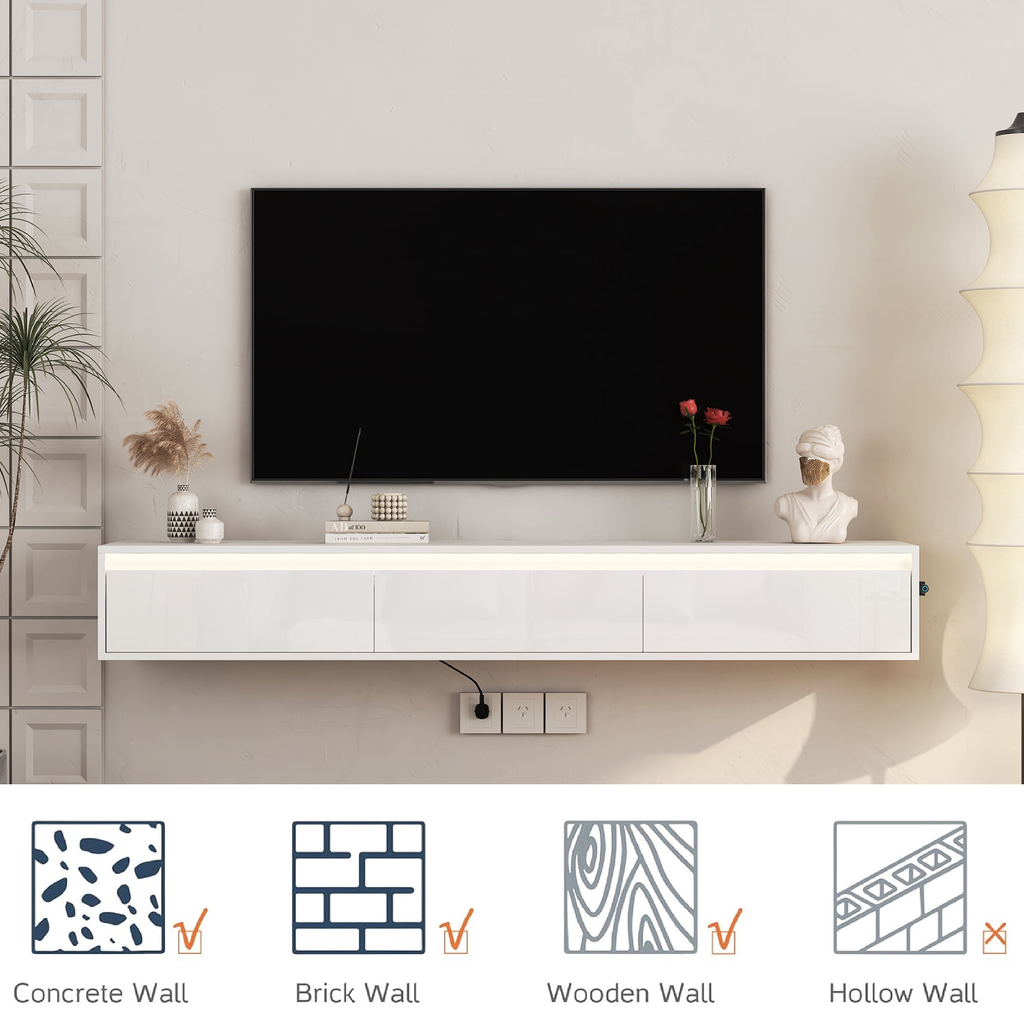 Aukfa Floating TV Stand for TVs up to 65" 70",Wall Mounted TV Shelf High Gloss TV Cabinet,White
