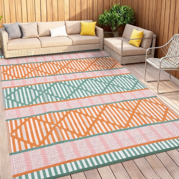 HIWEAVER 8' x 10' Orange/Green Outdoor Rug PP Plastic Straw Woven Waterproof Patio Rug with Border Portable Outside Carpet for Balcony Deck Picnic Garden Decor