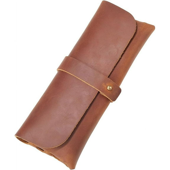 Genuine Leather Snap Cover Pen Case Coconut Brown Crazy Horse Leather Roll Pouch Rustic Pencil Pouch Large Capacity Stationery Bag Organizer