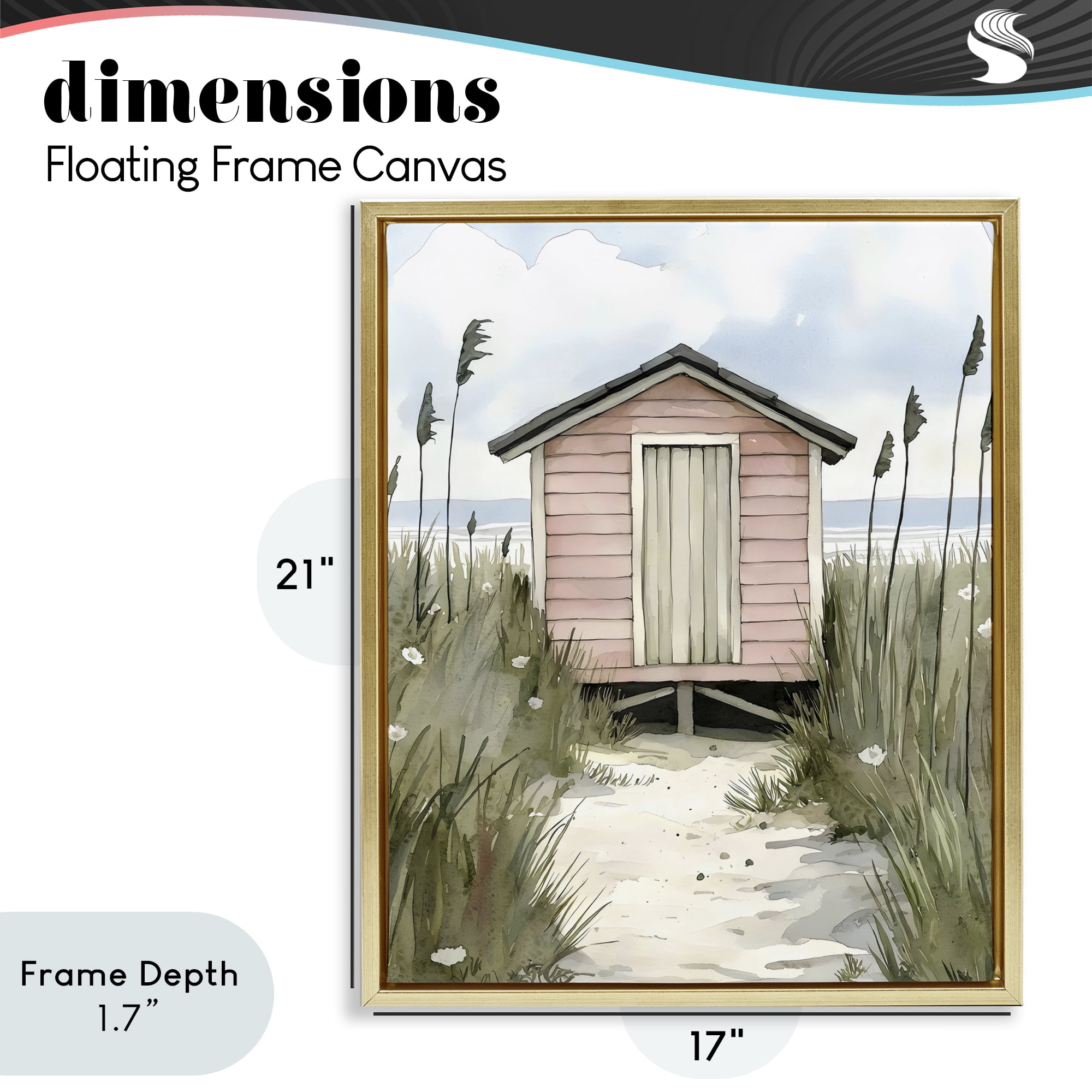 Stupell Industries Coastal Calm Pink Beach Hut Gold Framed Floater Canvas Wall Art, design by Riley B