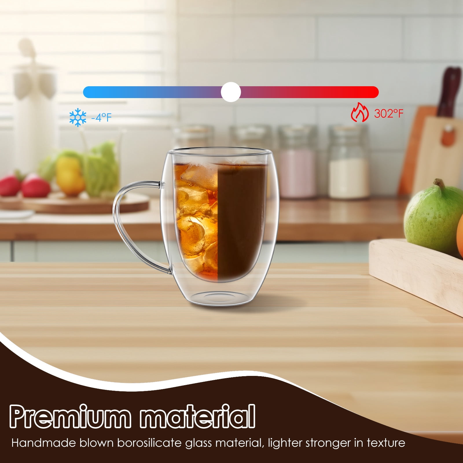 FUYGRCJ 4 Pack Glass Coffee Mug, 12oz Clear Glass Coffee Cup with Handle Set of 4, 350ml Double Wall Insulated Mug Tea Latte Espresso Cups for Latte Cappuccino Juice Tea Milk