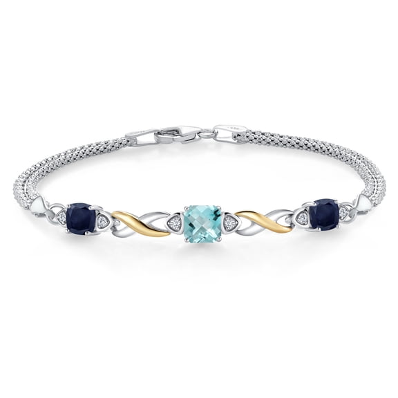 925 Silver and 10K Yellow Gold Sky Blue Topaz and Blue Sapphire and White Lab Grown Diamond Bracelet for Women (2.59 Cttw, November Birthstone, Cushion Checkerboard 6MM, 7 inches, Made in Italy)