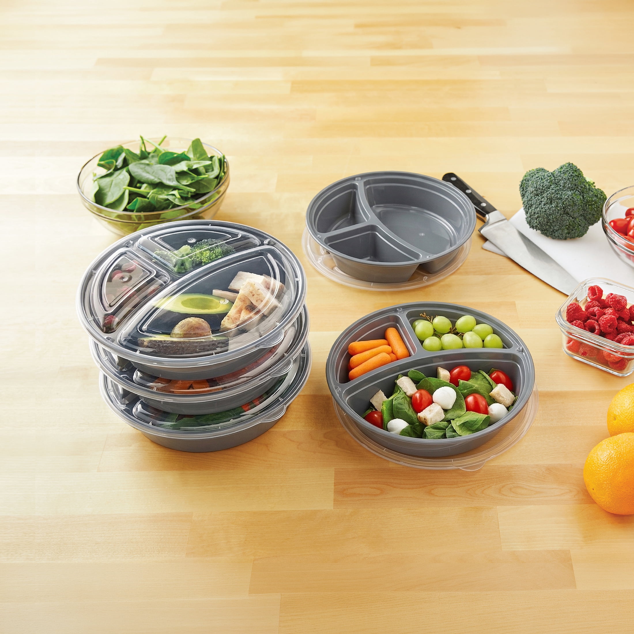 Mainstays 5-Pack 3-Compartment Round BPA-Free Plastic Meal Prep Food Storage Containers, 1 L, Soothing Grey