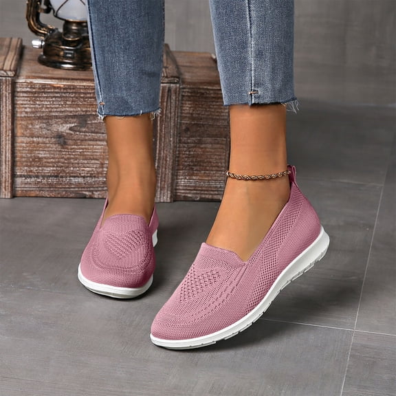 Women’s Knitted Flat Walking Shoes Comfortable Slip On Mesh Lightweight Low Heel Sneakers Casual Soft Gym Nurse Work Mom Loafers Pink 36