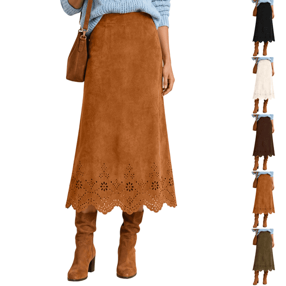 Women Faux Suede Midi Skirt High Waist Scalloped Hem Eyelet Wrap Long Skirt