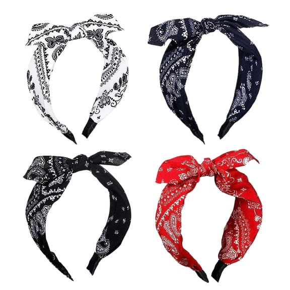 Kicpot 4-Piece Set of Paisley Print Headbands Top Bow with Adorable Bunny Ears Hair Accessory Vintage Bow Floral Bohemian Headband Hippie Style