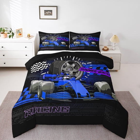 Erosebridal Fast Car Bedding Twin Comforter Set,Black Blue Down Comforter,Car Theme Bedding Sets Twin with Comforter,Microfiber Geometric Room Decorative,Reversible,3pcs