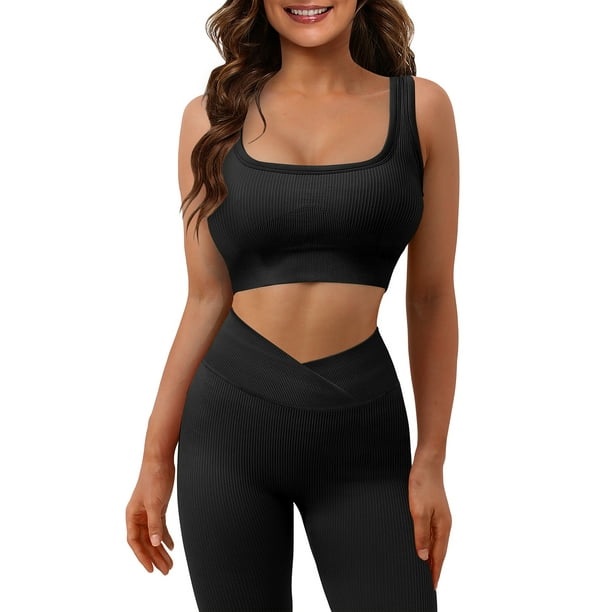 ONLYSHE Womens High Waist Running Workout Sets Yoga Leggings With Crop