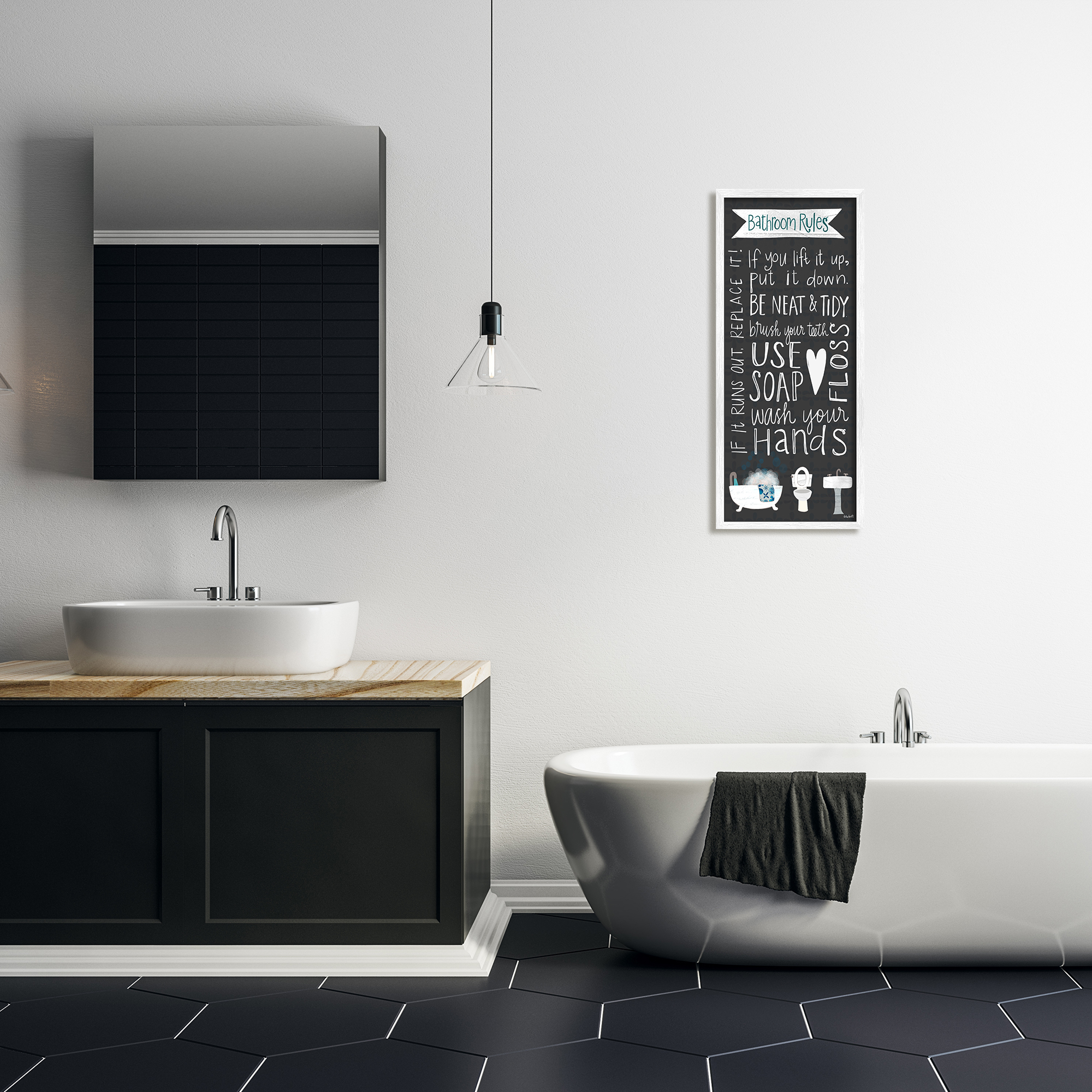 Stupell Industries Bathroom Rules Sign Whimsical Tub Toilet Sink, 13 x 30,Design by Katie Doucette