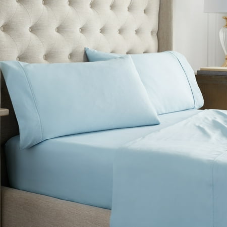 Waverly Solid Print Cotton 400 Thread Count Bed Sheet Set  Queen  Blue  4-Pieces Bring color and comfort to your bed with the Waverly 100% Cotton Sateen 400 Thread Count Sheet Set. Made of luxuriously soft 100% Cotton Sateen  these 400 Thread Count Sheet sets are the perfect base layer to any Waverly bedding ensemble.