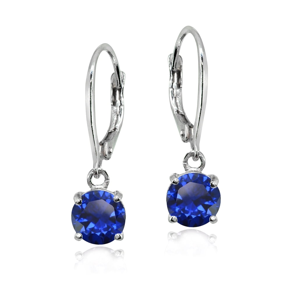 Created Blue Sapphire Sterling Silver 6mm Round Solitaire Dangle