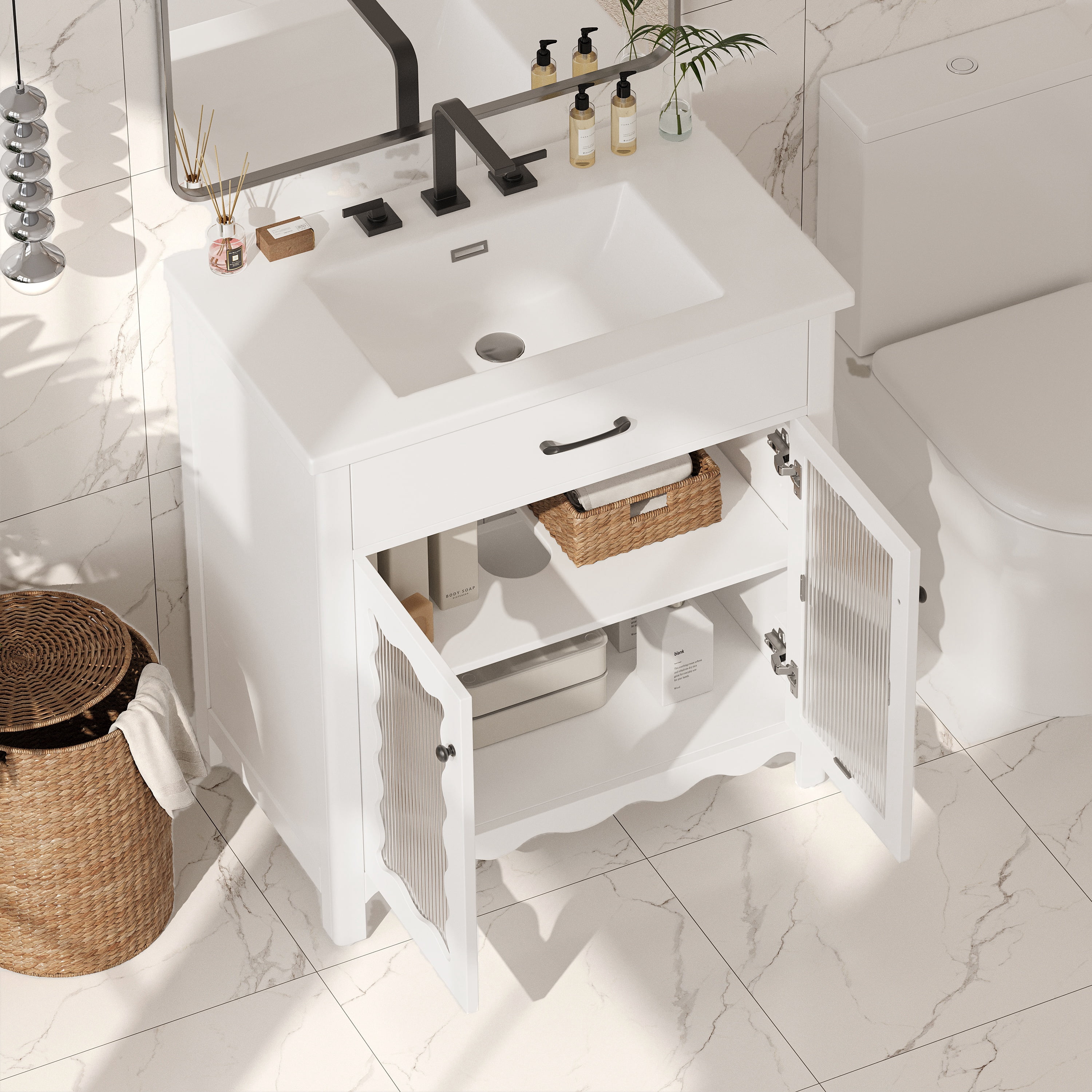 GARITIN Bathroom Vanity 31 Inch, Modern Bathroom Cabinet with Tempered Glass Doors and Rubber Wood Legs for Small Bathroom, White